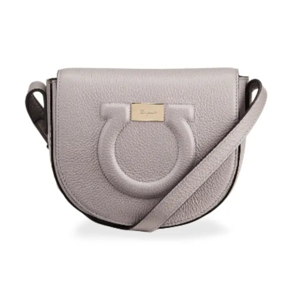 Salvatore Ferragamo Gancio City Small Pebbled Leather Crossbody Bag in Cement